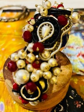 Handcrafted Black, Red and Pearl Statement Bracelet